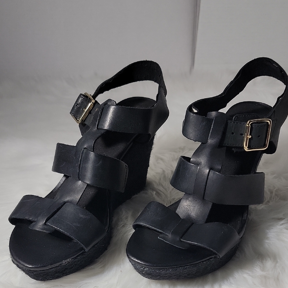 Clarks Womens Maritsa 95 Glad Sandal Black Leather Wedge Heel Espadrille Size 9
